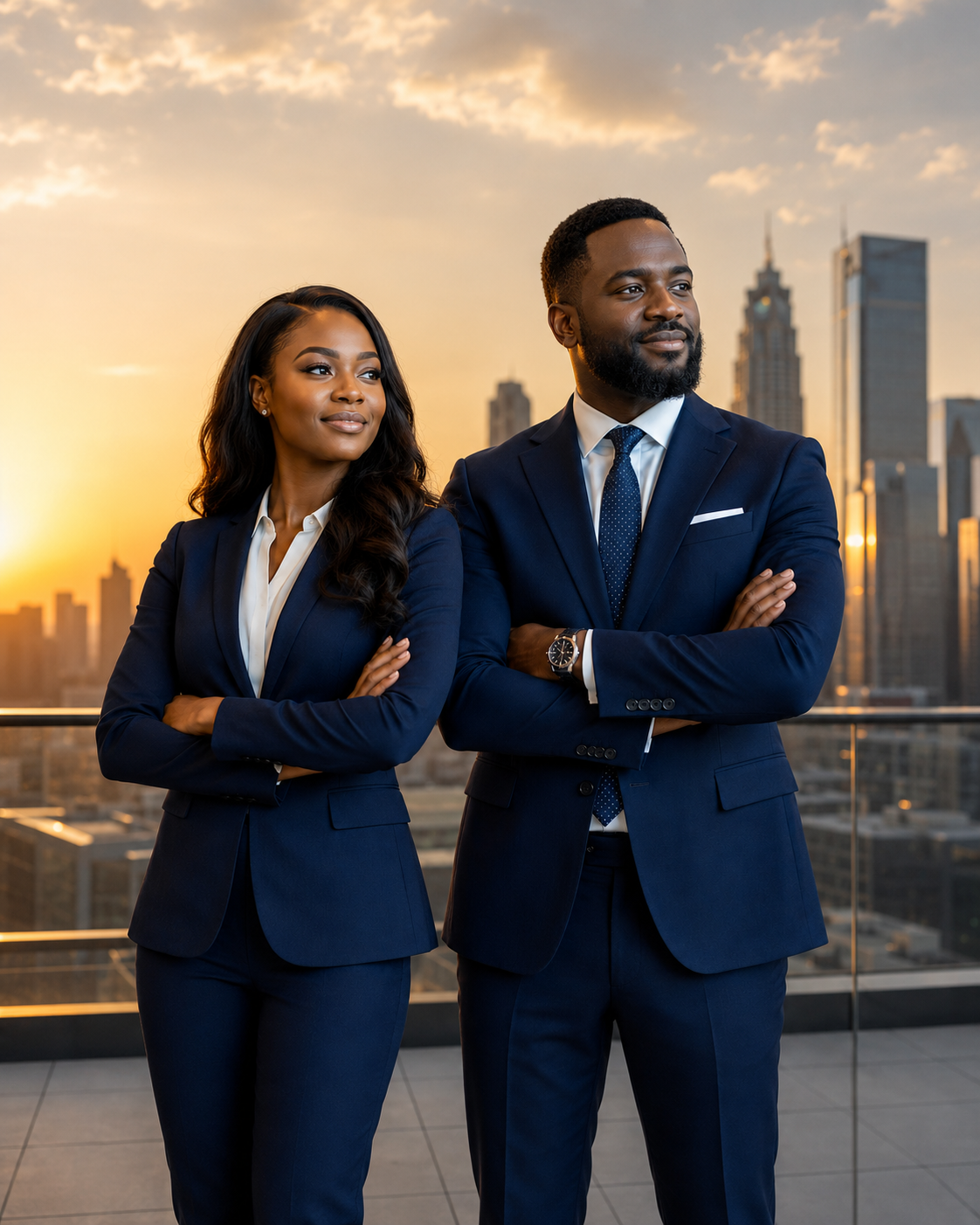 Couple de professionnels devant une skyline urbaine